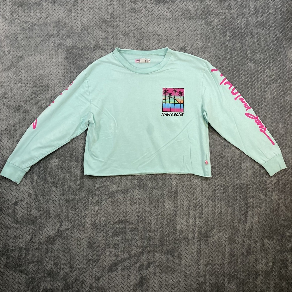 Vintage Maui & Sons Venice California Womens M Aqua Long Sleeve Crop Graphic Tee